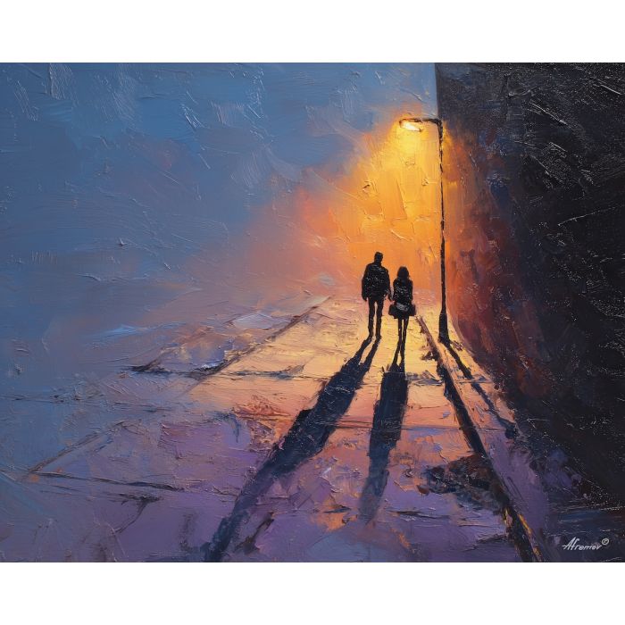 dark valentine,love theme,shadow couple,romantic silhouettes,palette knife,oil painting,impasto,thick paint,textured surface,moody art,intimacy,connection,faceless figures,night scene,emotional art,expressive surface,atmospheric painting,modern fine art