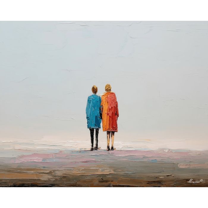 minimal valentine,love theme,faceless couple,abstract figures,palette knife,oil painting,impasto,thick paint,textured surface,minimal art,intimacy,togetherness,clean composition,modern painting,emotional restraint,visual simplicity,contemporary fine art