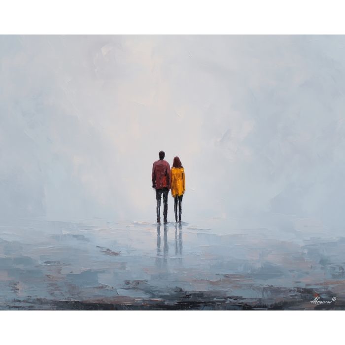 balanced, presence, saint valentine, love theme, couple, togetherness, romantic scene, palette knife, oil painting, impasto, thick paint, textured surface, emotional art, symbolic, intimacy, pairing, connection