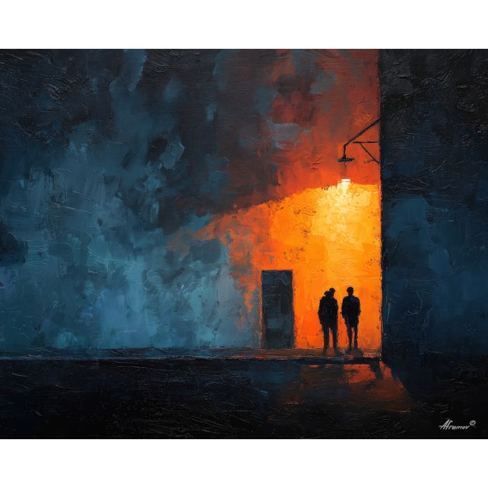 dark valentine,love theme,shadow couple,romantic silhouettes,palette knife,oil painting,impasto,thick paint,textured surface,moody art,intimacy,connection,faceless figures,night scene,emotional art,expressive surface,atmospheric painting,modern fine art