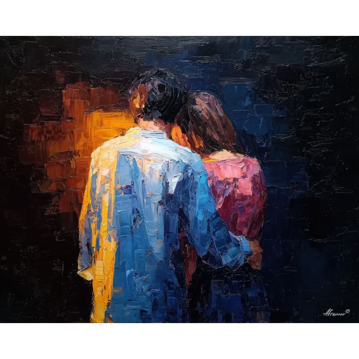 dark valentine,love theme,shadow couple,romantic silhouettes,palette knife,oil painting,impasto,thick paint,textured surface,moody art,intimacy,connection,faceless figures,night scene,emotional art,expressive surface,atmospheric painting,modern fine art