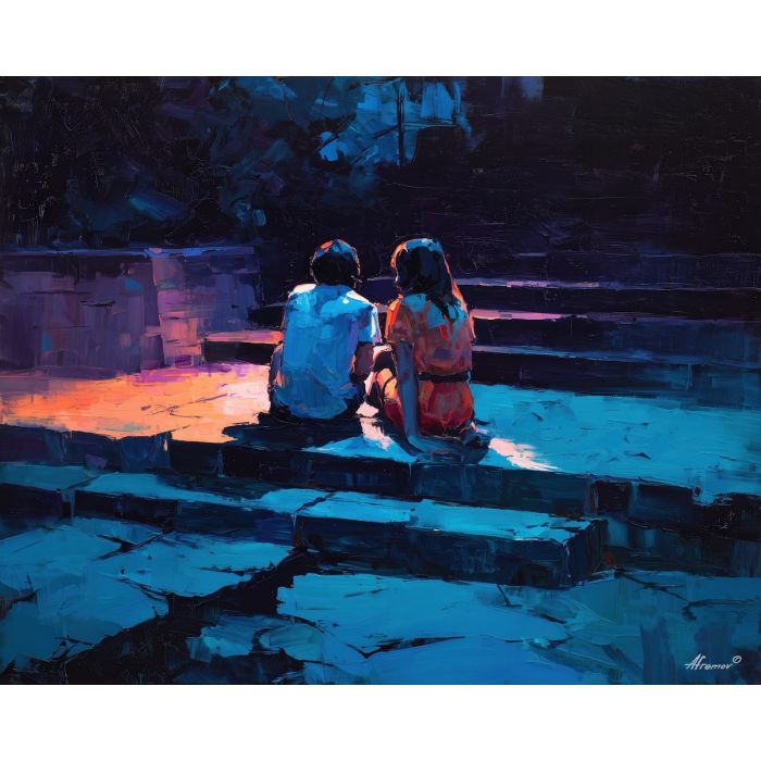 dark valentine,love theme,shadow couple,romantic silhouettes,palette knife,oil painting,impasto,thick paint,textured surface,moody art,intimacy,connection,faceless figures,night scene,emotional art,expressive surface,atmospheric painting,modern fine art