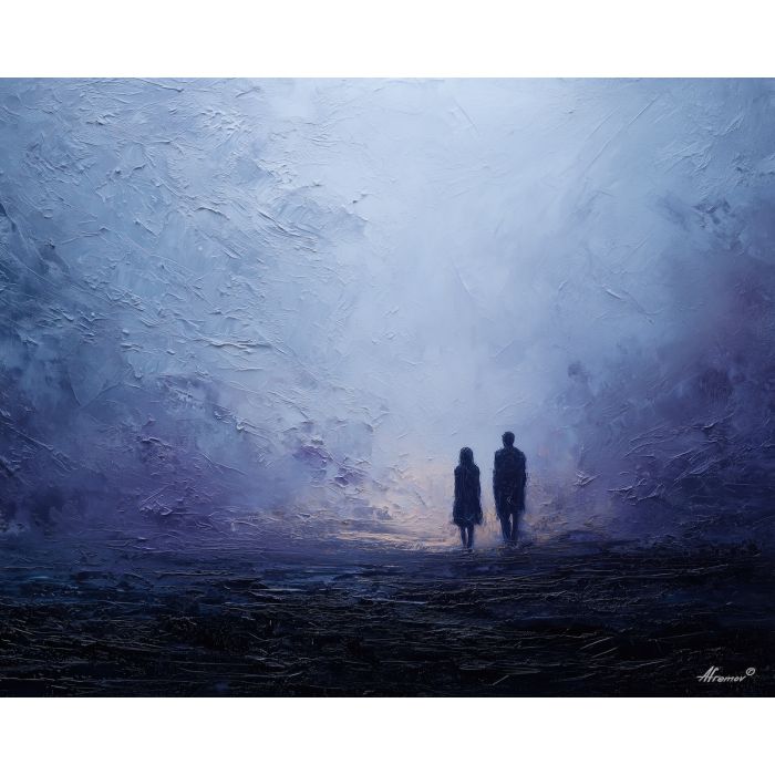dark valentine,love theme,shadow couple,romantic silhouettes,palette knife,oil painting,impasto,thick paint,textured surface,moody art,intimacy,connection,faceless figures,night scene,emotional art,expressive surface,atmospheric painting,modern fine art