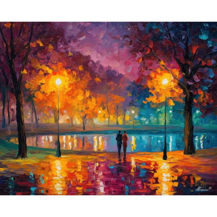 evening, scene, saint valentine, afremov style, palette knife, oil painting, impasto, bright colors, romantic park, lakeside, silhouettes, reflection, seasonal landscape, colorful art, textured paint, love theme, evening light