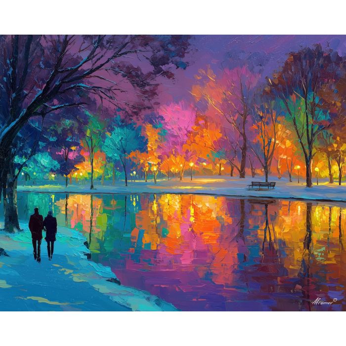 glowing, stillness, saint valentine, afremov style, palette knife, oil painting, impasto, bright colors, romantic park, lakeside, silhouettes, reflection, seasonal landscape, colorful art, textured paint, love theme, evening light