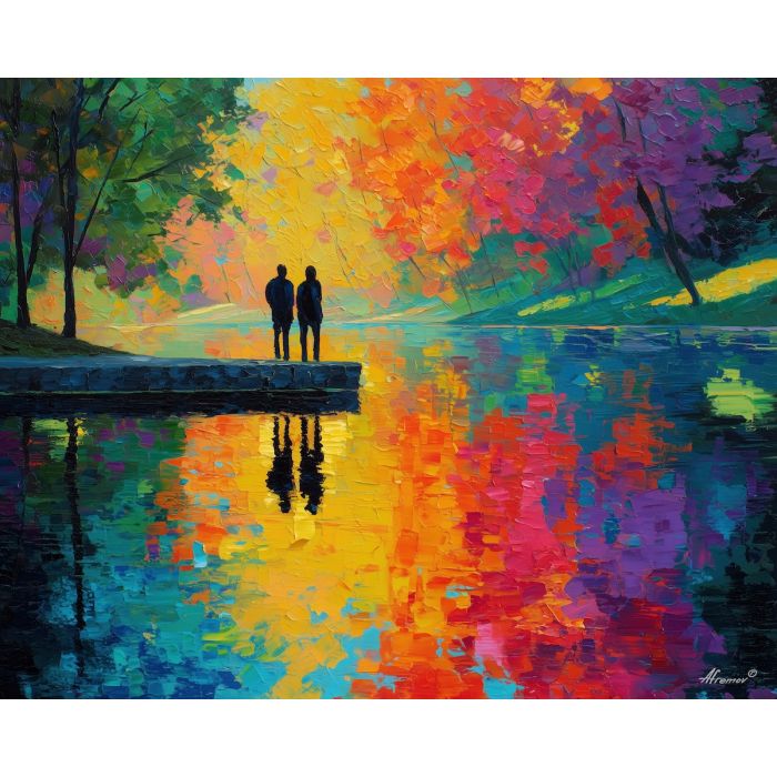 spring, reflections, saint valentine, afremov style, palette knife, oil painting, impasto, bright colors, romantic park, lakeside, silhouettes, reflection, seasonal landscape, colorful art, textured paint, love theme, evening light