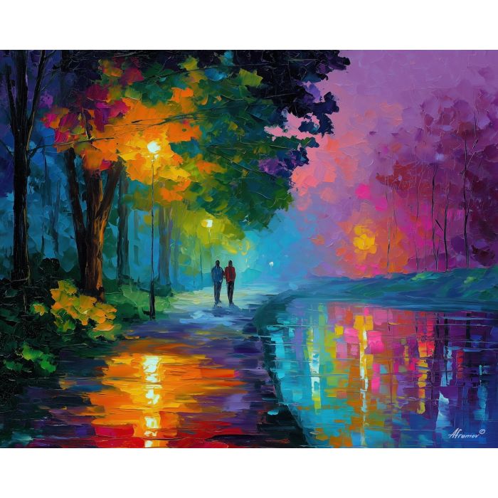 bright, season, saint valentine, afremov style, palette knife, oil painting, impasto, bright colors, romantic park, lakeside, silhouettes, reflection, seasonal landscape, colorful art, textured paint, love theme, evening light