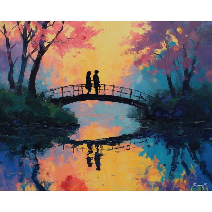 warm, season, saint valentine, afremov style, palette knife, oil painting, impasto, bright colors, romantic park, lakeside, silhouettes, reflection, seasonal landscape, colorful art, textured paint, love theme, evening light