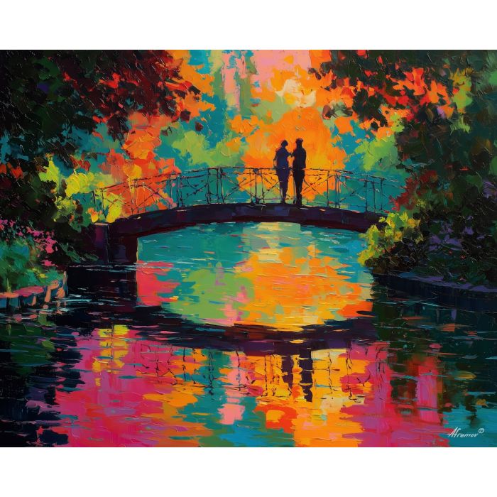 luminous, lights, saint valentine, afremov style, palette knife, oil painting, impasto, bright colors, romantic park, lakeside, silhouettes, reflection, seasonal landscape, colorful art, textured paint, love theme, evening light
