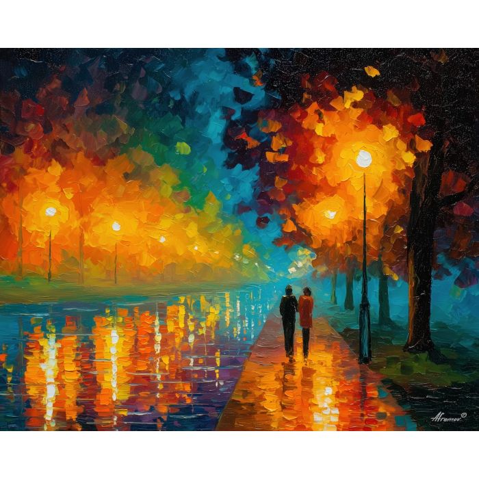 rainy, together, saint valentine, afremov style, palette knife, oil painting, impasto, bright colors, romantic park, lakeside, silhouettes, reflection, seasonal landscape, colorful art, textured paint, love theme, evening light
