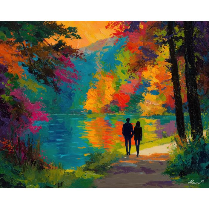 luminous, stroll, saint valentine, afremov style, palette knife, oil painting, impasto, bright colors, romantic park, lakeside, silhouettes, reflection, seasonal landscape, colorful art, textured paint, love theme, evening light
