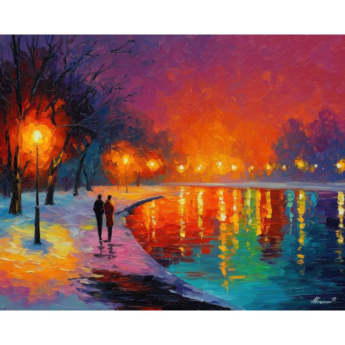vivid, colors, saint valentine, afremov style, palette knife, oil painting, impasto, bright colors, romantic park, lakeside, silhouettes, reflection, seasonal landscape, colorful art, textured paint, love theme, evening light