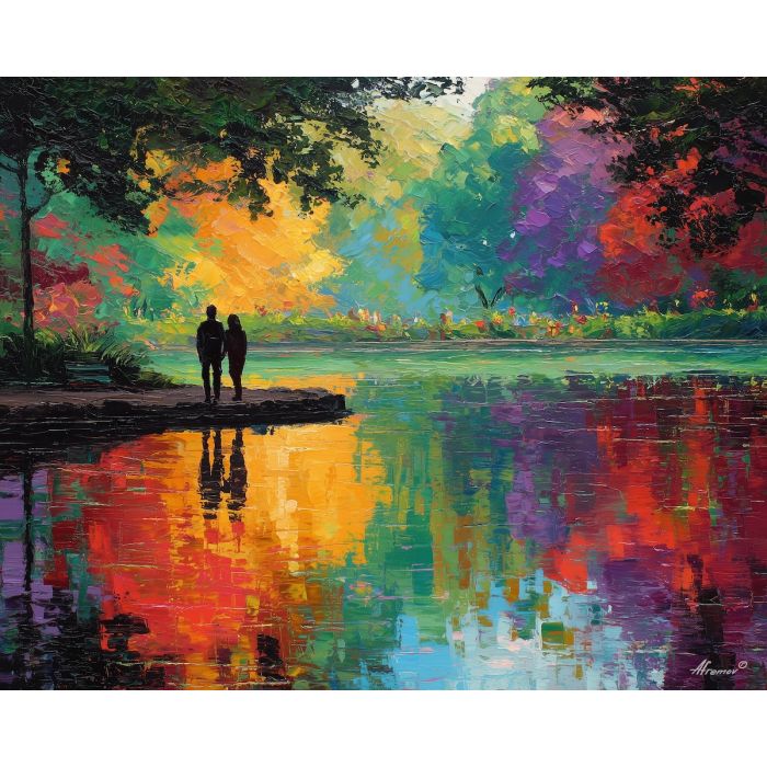 bright, stillness, saint valentine, afremov style, palette knife, oil painting, impasto, bright colors, romantic park, lakeside, silhouettes, reflection, seasonal landscape, colorful art, textured paint, love theme, evening light