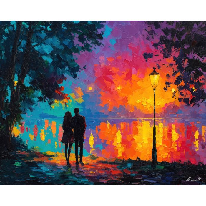 evening, horizon, saint valentine, afremov style, palette knife, oil painting, impasto, bright colors, romantic park, lakeside, silhouettes, reflection, seasonal landscape, colorful art, textured paint, love theme, evening light