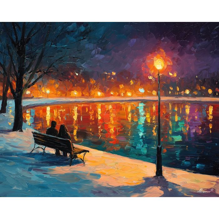 evening, season, saint valentine, afremov style, palette knife, oil painting, impasto, bright colors, romantic park, lakeside, silhouettes, reflection, seasonal landscape, colorful art, textured paint, love theme, evening light
