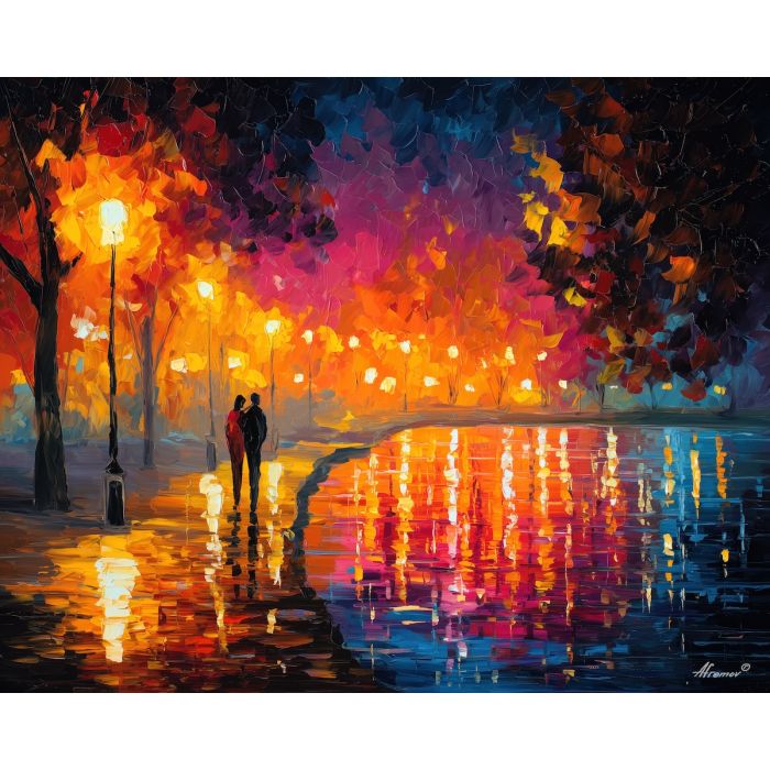 romantic, scene, saint valentine, afremov style, palette knife, oil painting, impasto, bright colors, romantic park, lakeside, silhouettes, reflection, seasonal landscape, colorful art, textured paint, love theme, evening light