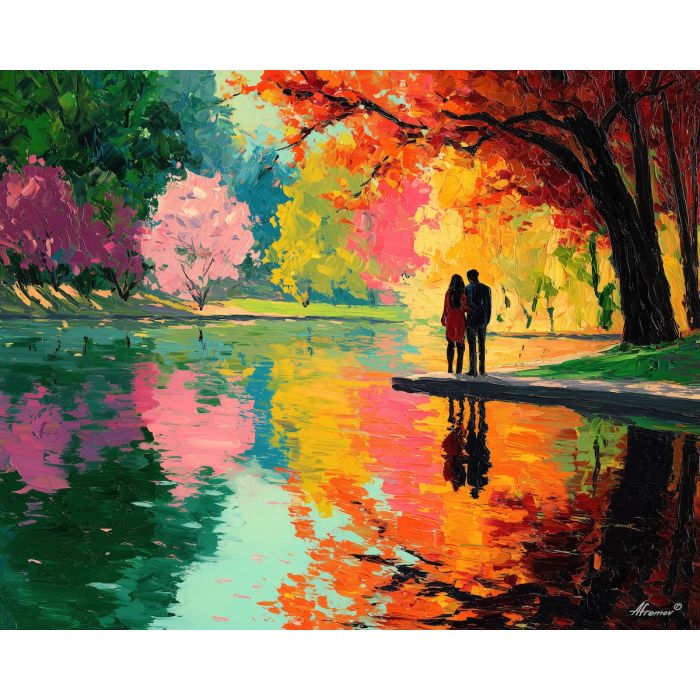 autumn, together, saint valentine, afremov style, palette knife, oil painting, impasto, bright colors, romantic park, lakeside, silhouettes, reflection, seasonal landscape, colorful art, textured paint, love theme, evening light