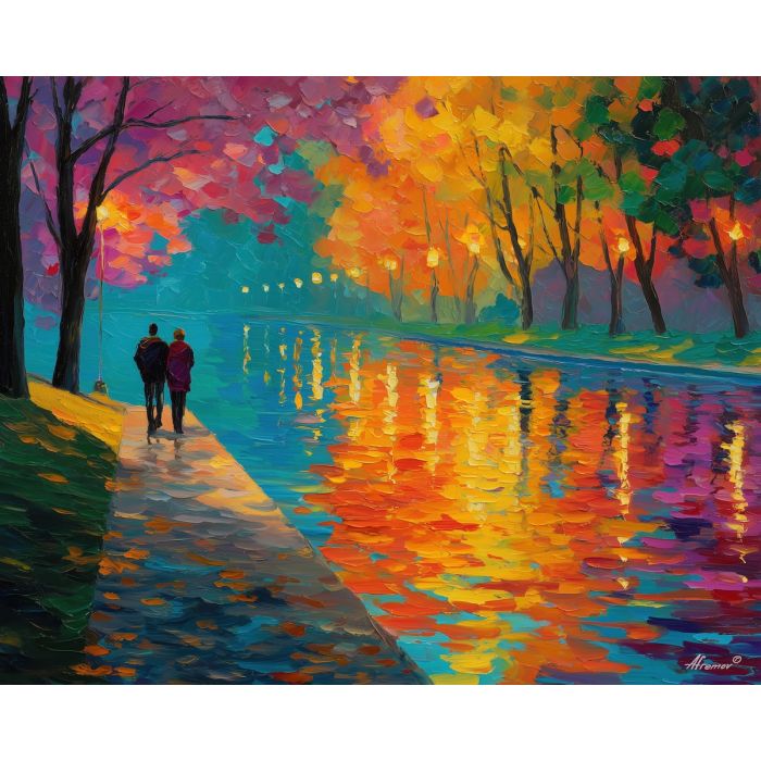 shared, evening, saint valentine, afremov style, palette knife, oil painting, impasto, bright colors, romantic park, lakeside, silhouettes, reflection, seasonal landscape, colorful art, textured paint, love theme, evening light