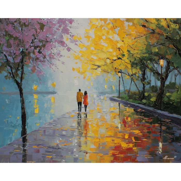 golden, stroll, saint valentine, afremov style, palette knife, oil painting, impasto, bright colors, romantic park, lakeside, silhouettes, reflection, seasonal landscape, colorful art, textured paint, love theme, evening light