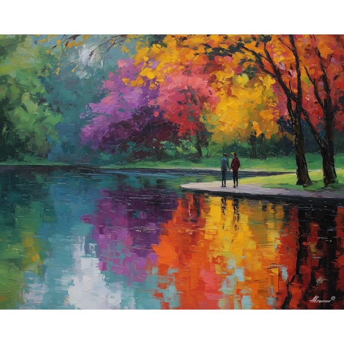warm, colors, saint valentine, afremov style, palette knife, oil painting, impasto, bright colors, romantic park, lakeside, silhouettes, reflection, seasonal landscape, colorful art, textured paint, love theme, evening light