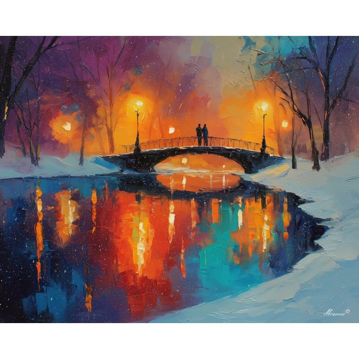 joyful, evening, saint valentine, afremov style, palette knife, oil painting, impasto, bright colors, romantic park, lakeside, silhouettes, reflection, seasonal landscape, colorful art, textured paint, love theme, evening light
