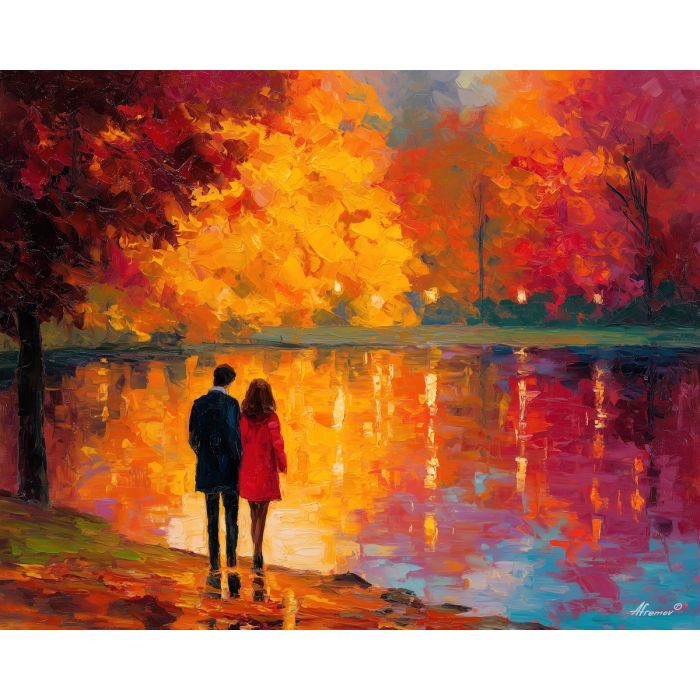 dreamy, glow, saint valentine, afremov style, palette knife, oil painting, impasto, bright colors, romantic park, lakeside, silhouettes, reflection, seasonal landscape, colorful art, textured paint, love theme, evening light