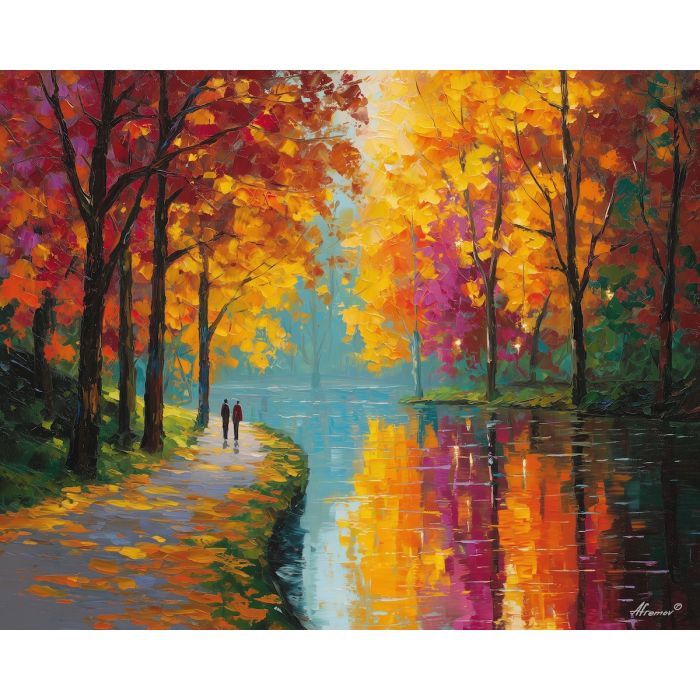 soft, lake, saint valentine, afremov style, palette knife, oil painting, impasto, bright colors, romantic park, lakeside, silhouettes, reflection, seasonal landscape, colorful art, textured paint, love theme, evening light