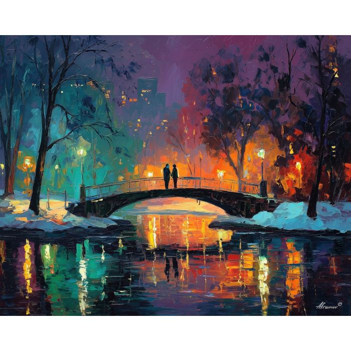 joyful, scene, saint valentine, afremov style, palette knife, oil painting, impasto, bright colors, romantic park, lakeside, silhouettes, reflection, seasonal landscape, colorful art, textured paint, love theme, evening light