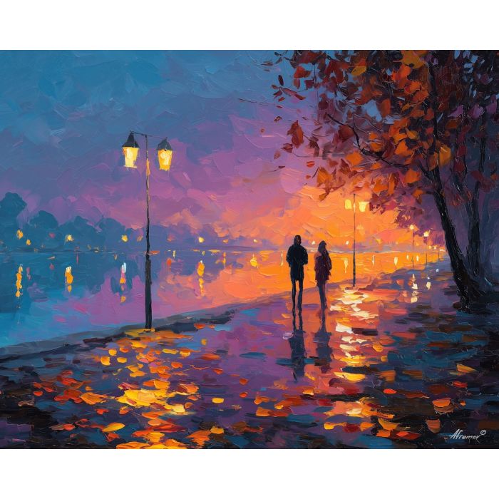 evening, walk, saint valentine, afremov style, palette knife, oil painting, impasto, bright colors, romantic park, lakeside, silhouettes, reflection, seasonal landscape, colorful art, textured paint, love theme, evening light