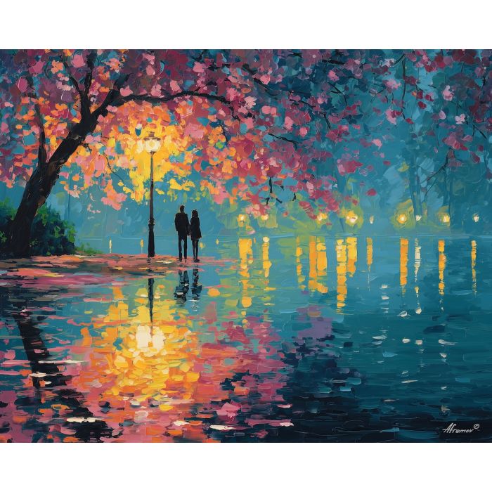 summer, shore, saint valentine, afremov style, palette knife, oil painting, impasto, bright colors, romantic park, lakeside, silhouettes, reflection, seasonal landscape, colorful art, textured paint, love theme, evening light