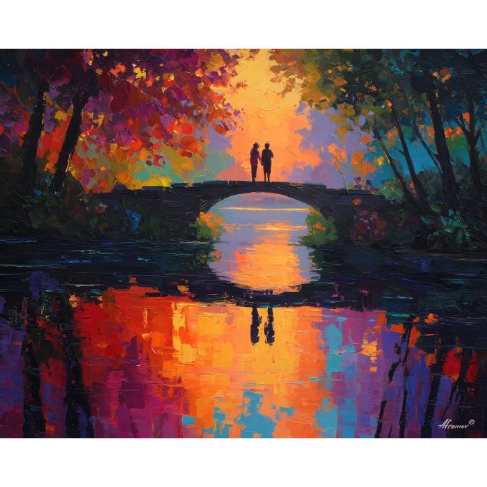 summer, moment, saint valentine, afremov style, palette knife, oil painting, impasto, bright colors, romantic park, lakeside, silhouettes, reflection, seasonal landscape, colorful art, textured paint, love theme, evening light