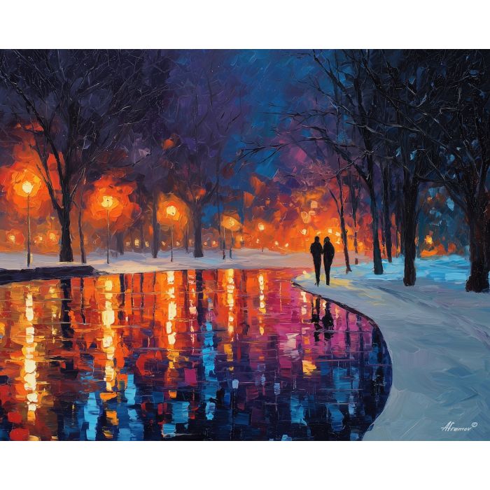 romantic, walk, saint valentine, afremov style, palette knife, oil painting, impasto, bright colors, romantic park, lakeside, silhouettes, reflection, seasonal landscape, colorful art, textured paint, love theme, evening light