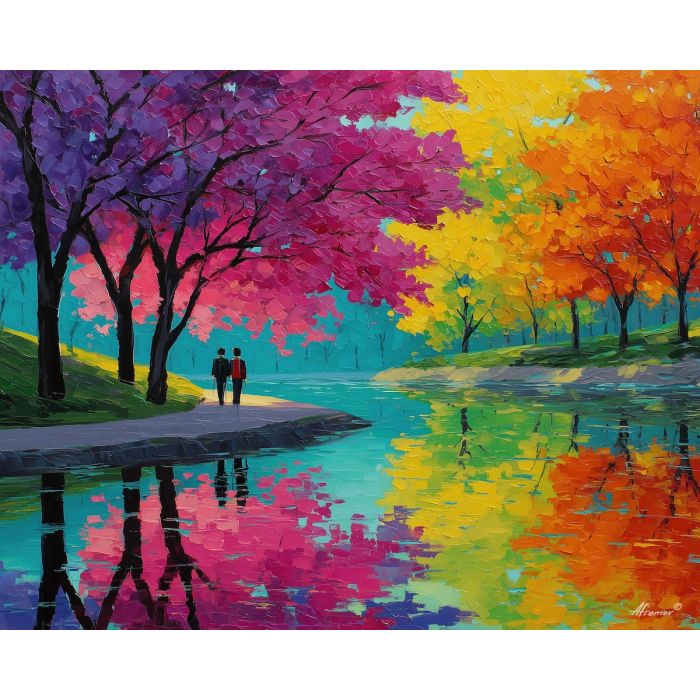 vivid, horizon, saint valentine, afremov style, palette knife, oil painting, impasto, bright colors, romantic park, lakeside, silhouettes, reflection, seasonal landscape, colorful art, textured paint, love theme, evening light