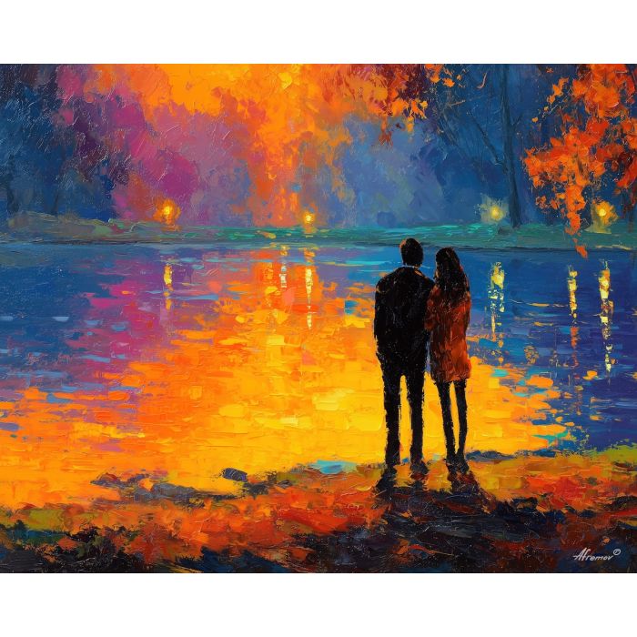glowing, reflections, saint valentine, afremov style, palette knife, oil painting, impasto, bright colors, romantic park, lakeside, silhouettes, reflection, seasonal landscape, colorful art, textured paint, love theme, evening light