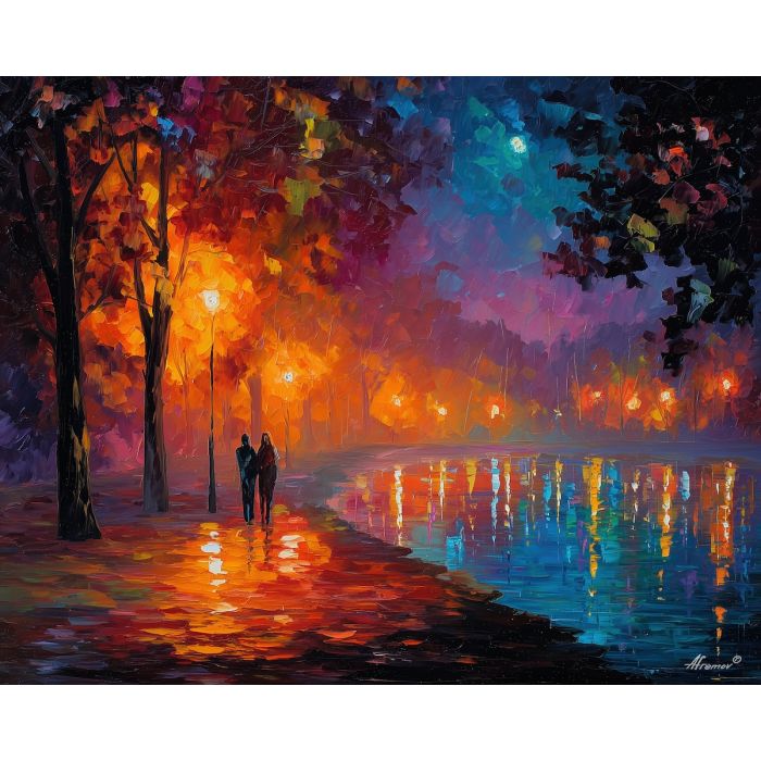 dreamy, evening, saint valentine, afremov style, palette knife, oil painting, impasto, bright colors, romantic park, lakeside, silhouettes, reflection, seasonal landscape, colorful art, textured paint, love theme, evening light