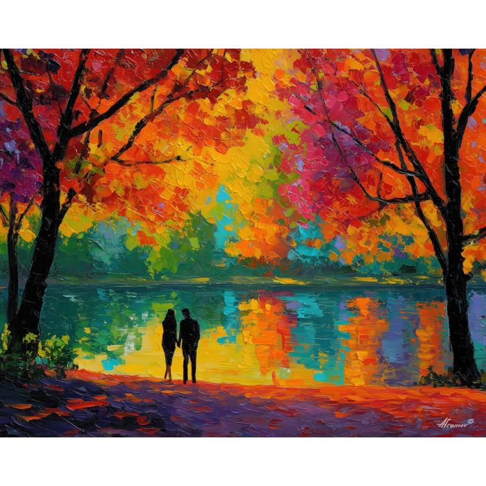 quiet, glow, saint valentine, afremov style, palette knife, oil painting, impasto, bright colors, romantic park, lakeside, silhouettes, reflection, seasonal landscape, colorful art, textured paint, love theme, evening light