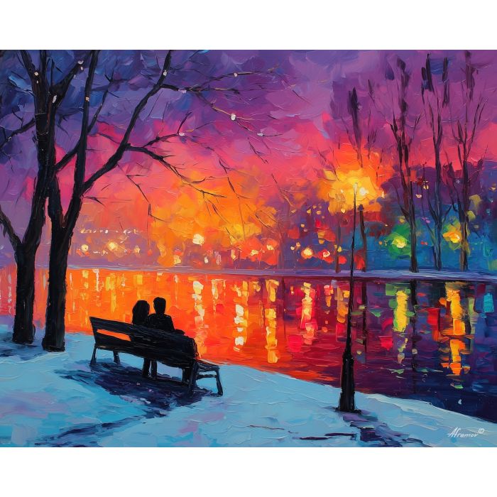 soft, season, saint valentine, afremov style, palette knife, oil painting, impasto, bright colors, romantic park, lakeside, silhouettes, reflection, seasonal landscape, colorful art, textured paint, love theme, evening light