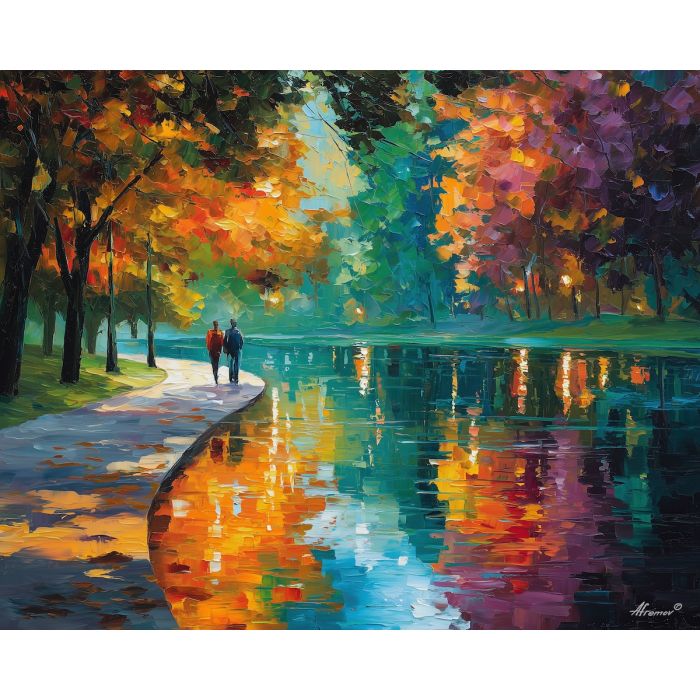 quiet, lake, saint valentine, afremov style, palette knife, oil painting, impasto, bright colors, romantic park, lakeside, silhouettes, reflection, seasonal landscape, colorful art, textured paint, love theme, evening light