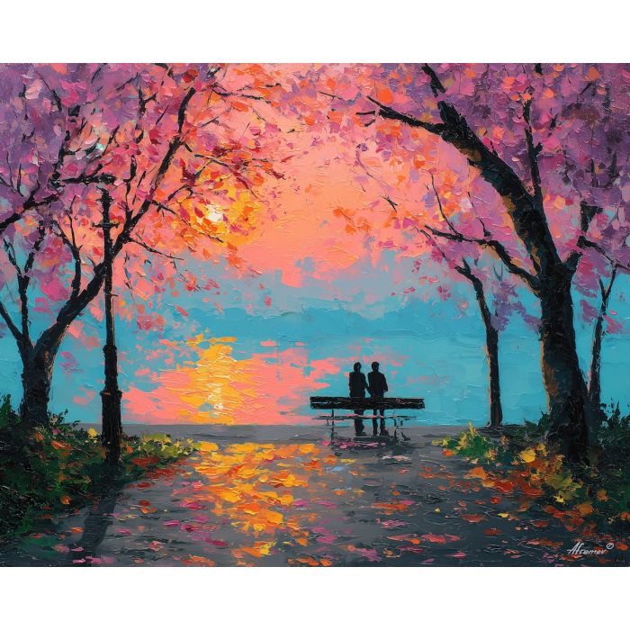 summer, bench, saint valentine, afremov style, palette knife, oil painting, impasto, bright colors, romantic park, lakeside, silhouettes, reflection, seasonal landscape, colorful art, textured paint, love theme, evening light
