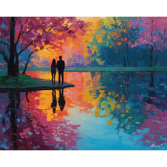 luminous, together, saint valentine, afremov style, palette knife, oil painting, impasto, bright colors, romantic park, lakeside, silhouettes, reflection, seasonal landscape, colorful art, textured paint, love theme, evening light