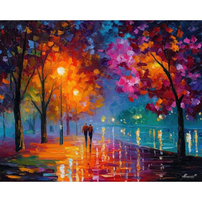 joyful, glow, saint valentine, afremov style, palette knife, oil painting, impasto, bright colors, romantic park, lakeside, silhouettes, reflection, seasonal landscape, colorful art, textured paint, love theme, evening light