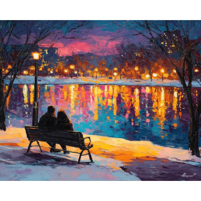 glowing, together, saint valentine, afremov style, palette knife, oil painting, impasto, bright colors, romantic park, lakeside, silhouettes, reflection, seasonal landscape, colorful art, textured paint, love theme, evening light