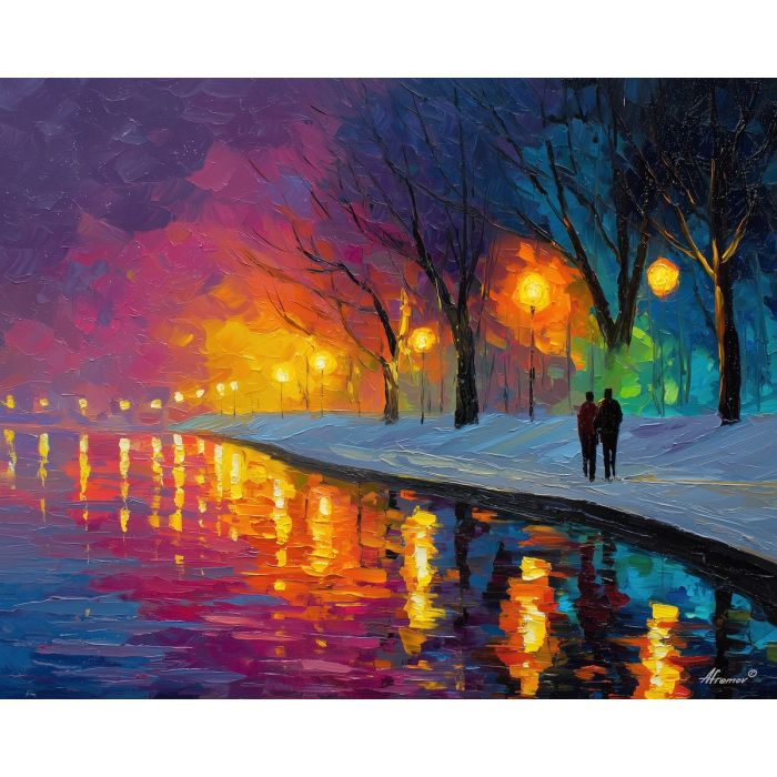 vivid, stillness, saint valentine, afremov style, palette knife, oil painting, impasto, bright colors, romantic park, lakeside, silhouettes, reflection, seasonal landscape, colorful art, textured paint, love theme, evening light