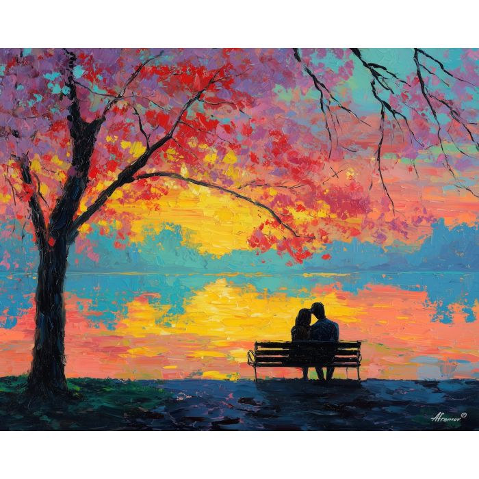 summer, glow, saint valentine, afremov style, palette knife, oil painting, impasto, bright colors, romantic park, lakeside, silhouettes, reflection, seasonal landscape, colorful art, textured paint, love theme, evening light