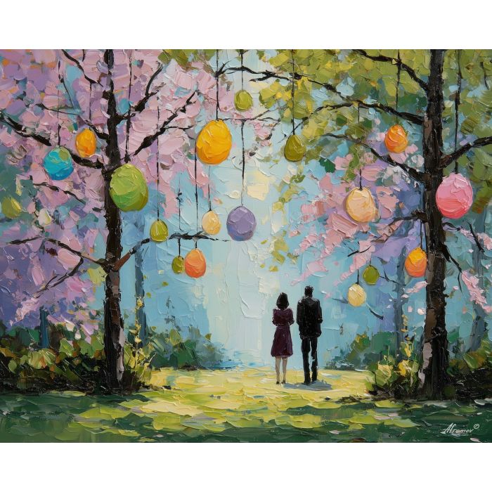 easter, stroll, easter theme, spring celebration, pastel colors, palette knife, oil painting, impasto, bright art, seasonal, spring park, decorated eggs, festive, colorful scene, textured paint, joyful mood, springtime