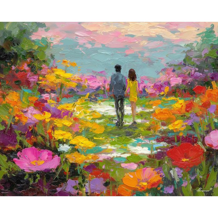 gentle, morning, easter theme, spring celebration, pastel colors, palette knife, oil painting, impasto, bright art, seasonal, spring park, decorated eggs, festive, colorful scene, textured paint, joyful mood, springtime