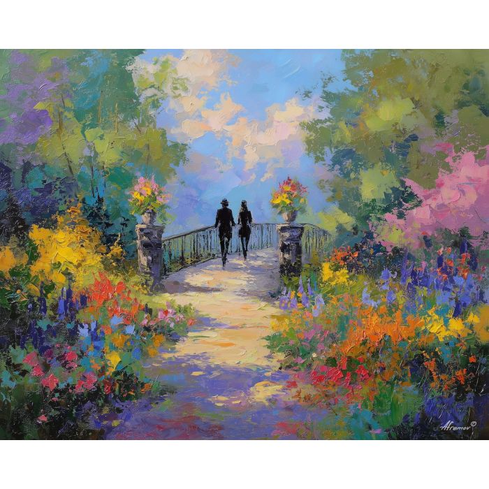 spring, path, easter theme, spring celebration, pastel colors, palette knife, oil painting, impasto, bright art, seasonal, spring park, decorated eggs, festive, colorful scene, textured paint, joyful mood, springtime