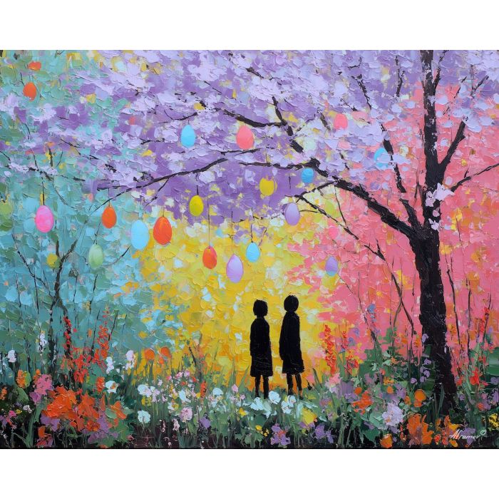 flowered, field, easter theme, spring celebration, pastel colors, palette knife, oil painting, impasto, bright art, seasonal, spring park, decorated eggs, festive, colorful scene, textured paint, joyful mood, springtime