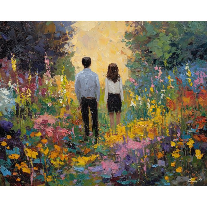 light, walk, easter theme, spring celebration, pastel colors, palette knife, oil painting, impasto, bright art, seasonal, spring park, decorated eggs, festive, colorful scene, textured paint, joyful mood, springtime