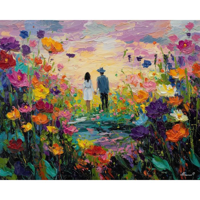 flowered, scene, easter theme, spring celebration, pastel colors, palette knife, oil painting, impasto, bright art, seasonal, spring park, decorated eggs, festive, colorful scene, textured paint, joyful mood, springtime